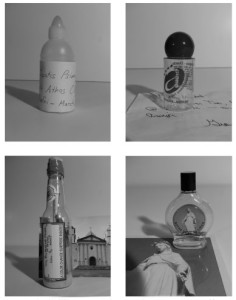 Michael Sitaras. Sacred Air, 2004–present. Clockwise from upper left: bottled air collected from Mount Athos, Greece; Assisi, Italy; Notre Dame du Liban, Harissa, Lebanon; the Protestant Church of Aruba, Oranjestad, Aruba. From an ongoing collection of over forty specimens.