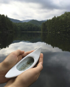 Hands in front of a lake and forest holding a mediation vessel