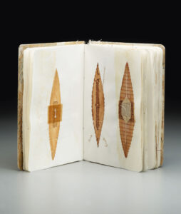 historical parchment book open to show depictions of traditional canoes