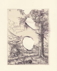 A drawing of trees in a landscape with holes burned into it